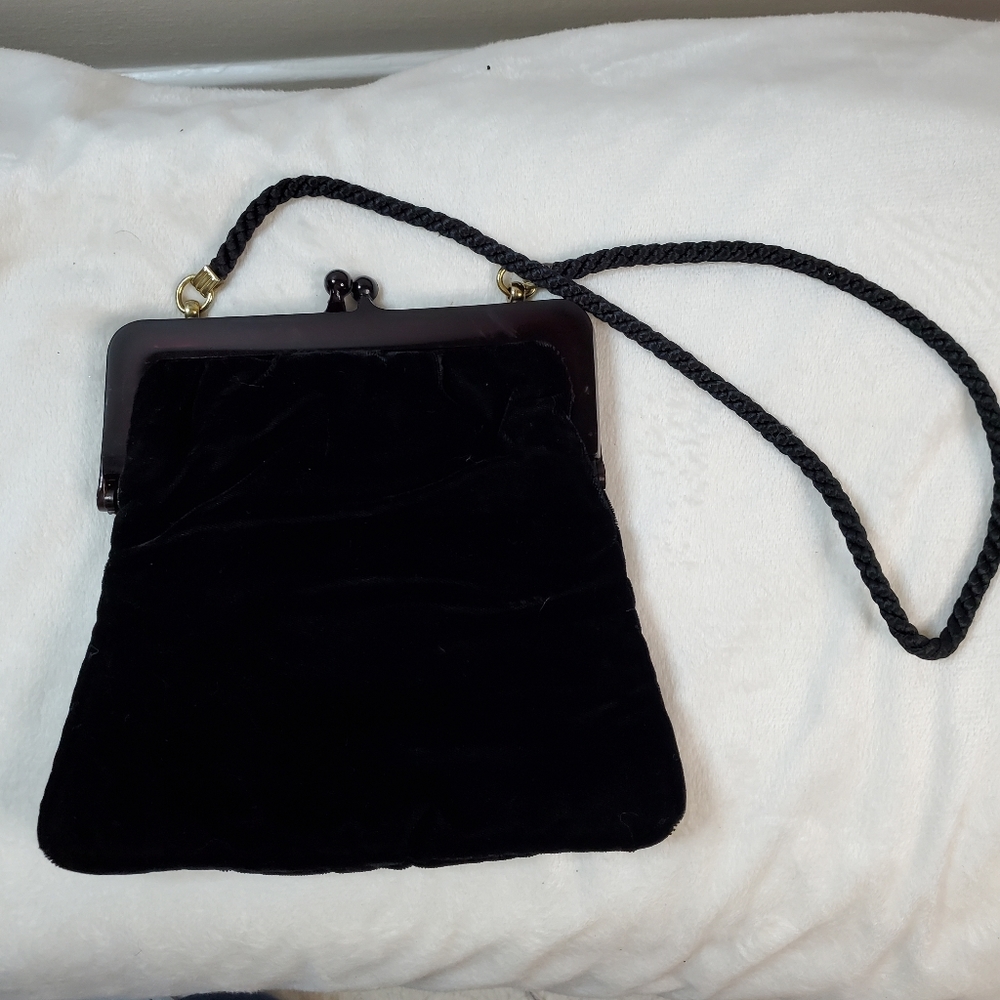 Vintage Clothfair of London evening bag. Black with small hand strap.